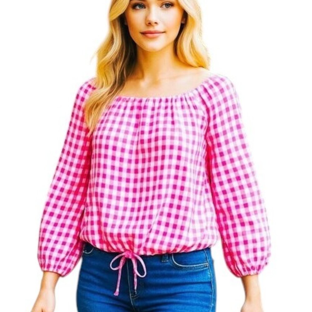 IMNYC PINK GINGHAM BLOUSE Small Petite Defect 3/4" sleeves